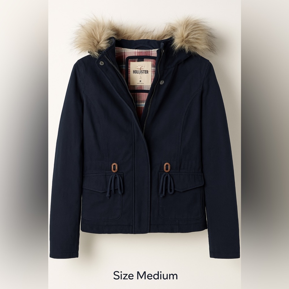 Hollister Navy Jacket with Faux Fur Hood – Women’s Medium